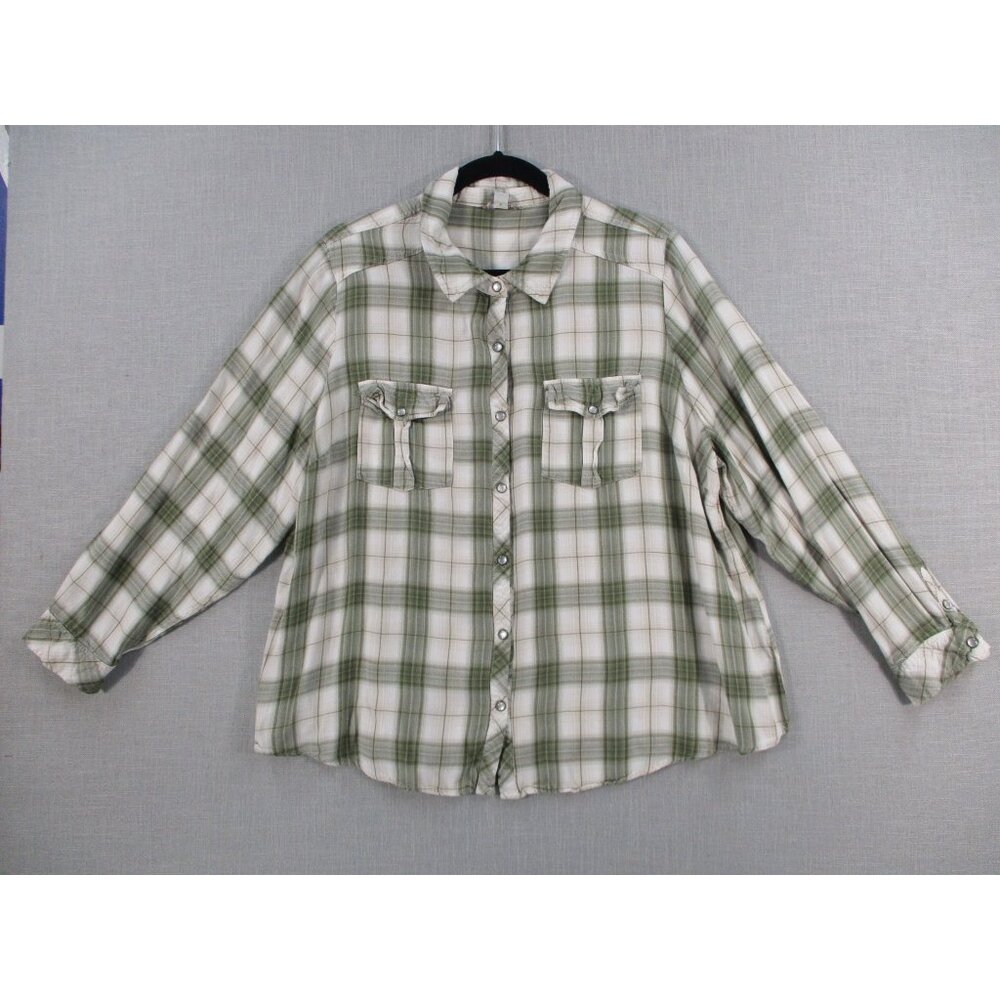 Cato Womens Plus Size 22/24W Green & White Plaid Button-Up Shirt With Snap Pocke